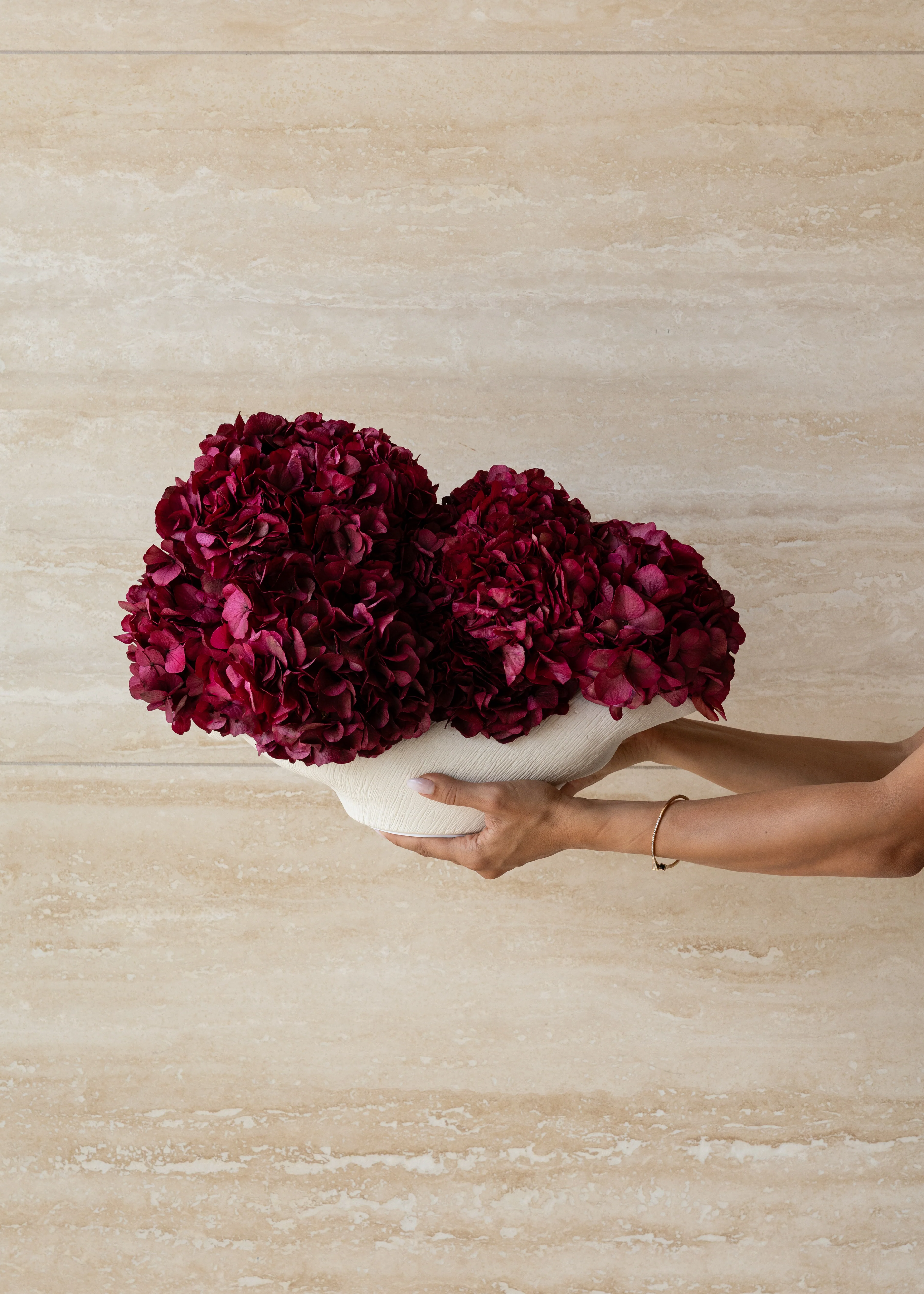 PRE ORDER JULY - CHARLOTTE BURGUNDY PRESERVED HYDRANGEAS IN COSSE BOWL