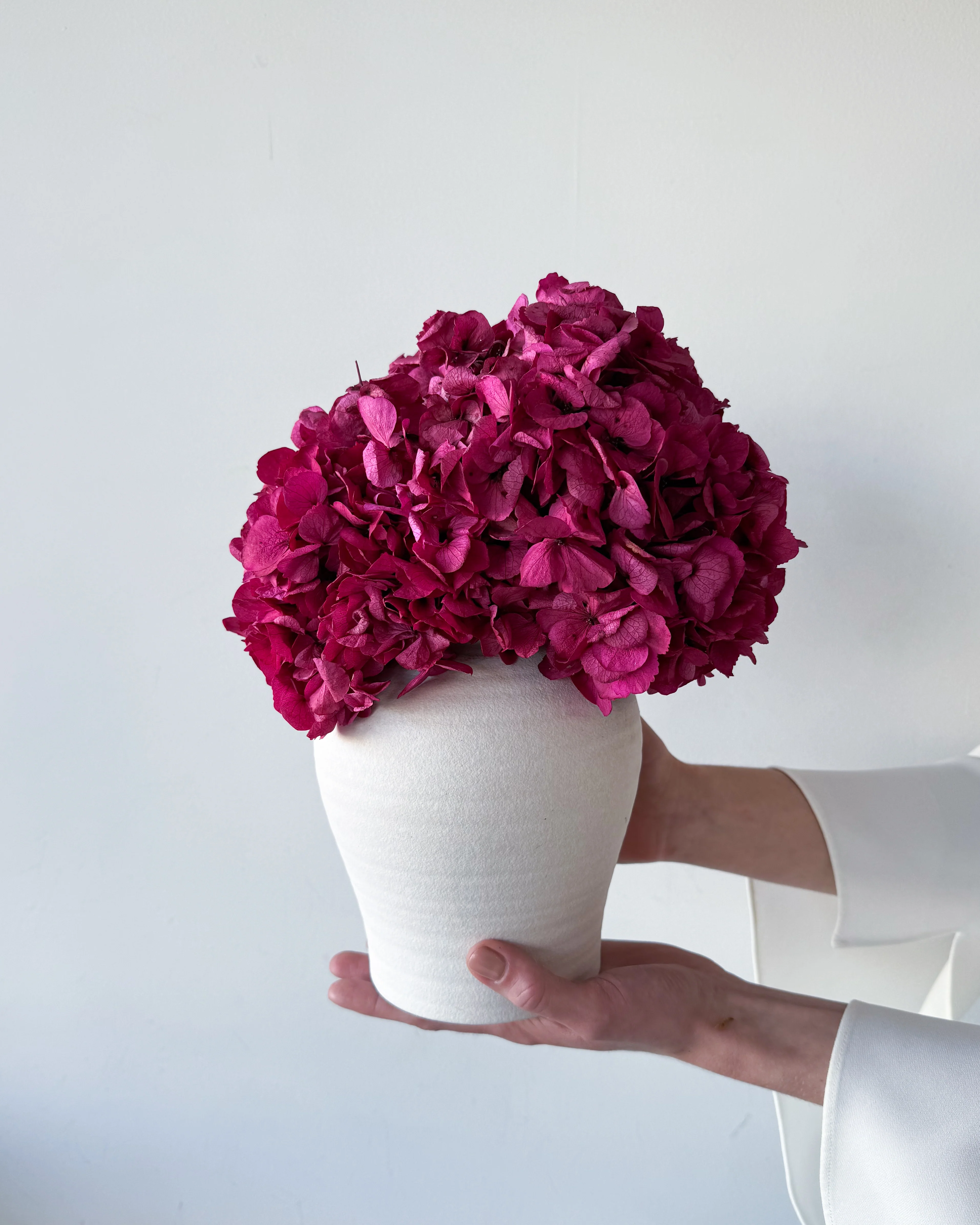 LUNA PRESERVED HYDRANGEA ARRANGEMENT IN WHITE HERAMA POT | FUCHSIA LARGE-LEAF - Image 3